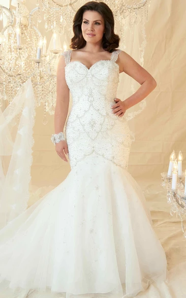 Mermaid Sleeveless Floor-Length Beaded Tulle Plus Size Wedding Dress