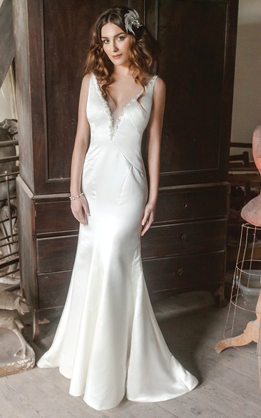 Long V-Neck Beaded Satin Wedding Dress With Sweep Train And V Back