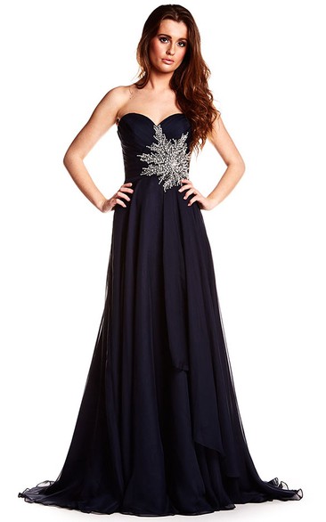 A-Line Crystal Sleeveless Floor-Length Sweetheart Chiffon Prom Dress With Backless Style And Draping