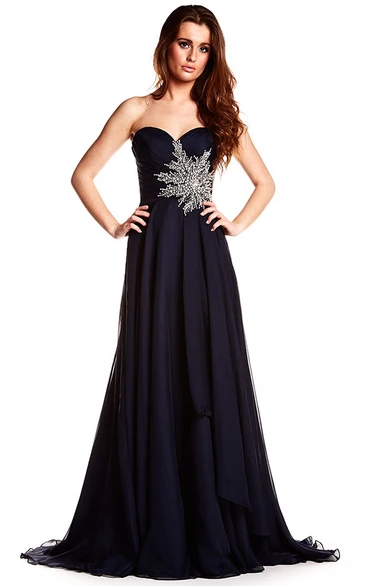 A-Line Crystal Sleeveless Floor-Length Sweetheart Chiffon Prom Dress With Backless Style And Draping