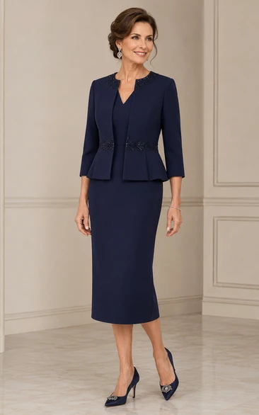 Dark Navy Peplum Mother Dress with Jacket Dark Navy Notched Pencil Knee-length