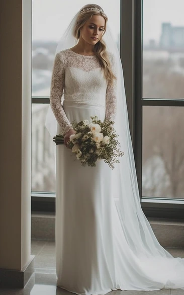 Elegant Scoop-neck Lace Long Sleeve Chiffon Empire Wedding Dress