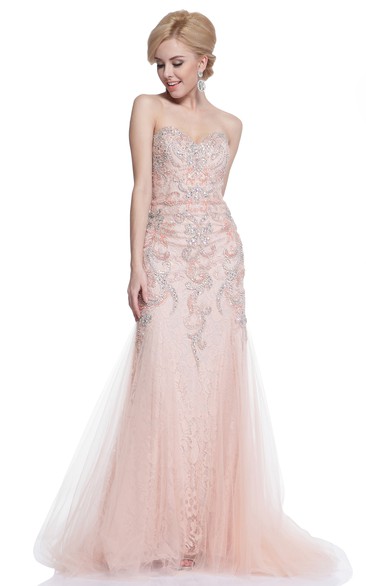 Sheath Sweetheart Sleeveless Tulle Lace Dress With Beading