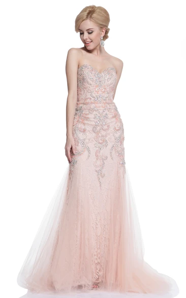 Sheath Sweetheart Sleeveless Tulle Lace Dress With Beading