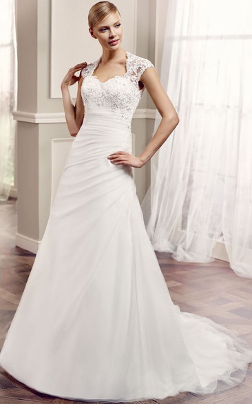 A-Line Side-Draped Long Cap-Sleeve Lace Wedding Dress With Keyhole Back And Appliques