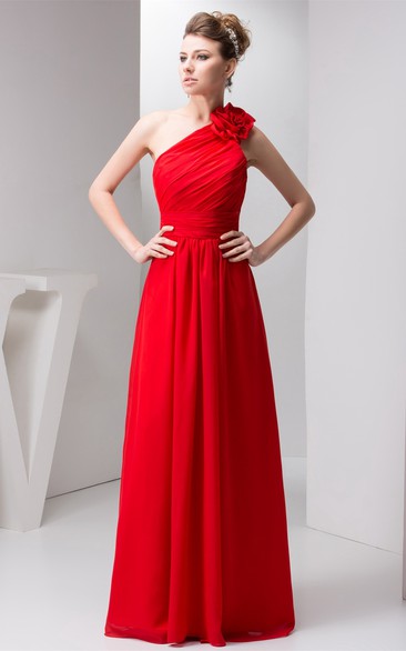 One-Shoulder Floor-Length Chiffon Floral Epaulet and Dress With Ruching