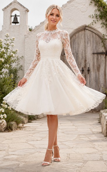 Long Sleeve Lace Tea-Length Wedding Dress with Illusion Back