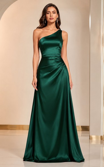Sheath Satin Evening Dress with One-Shoulder, Sleeveless and Drape Ruching, Floor Length