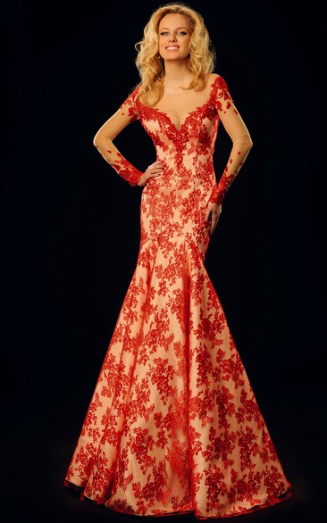 Trumpet Long-Sleeve Appliqued Long Bateau Lace Prom Dress With Illusion Back And Brush Train