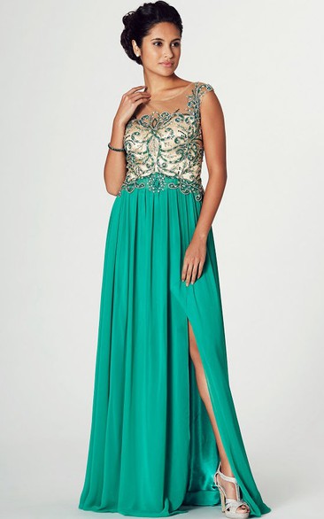 A-Line Beaded Scoop-Neck Cap-Sleeve Floor-Length Prom Dress With Split Front