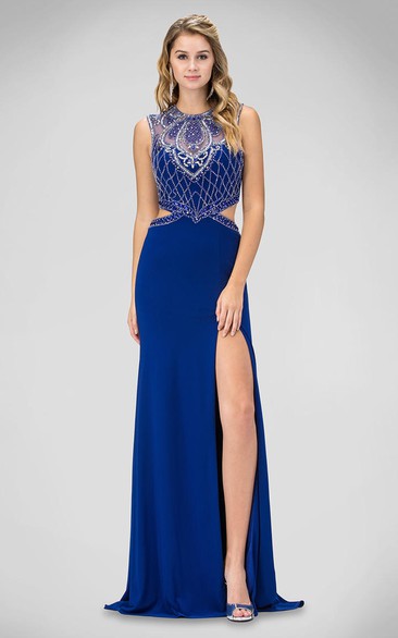 Sheath Long Jewel-Neck Sleeveless Jersey Illusion Dress With Beading And Split Front