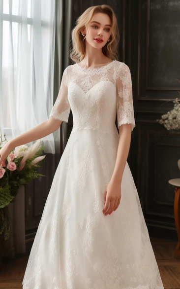 Scoop-neck Half-sleeve Lace A-line Elegant Tea Length Wedding Dress