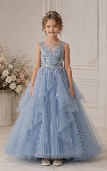 A-Line Blue Floral Lace Tulle Flower Girl Dress with Ruffled Overlay