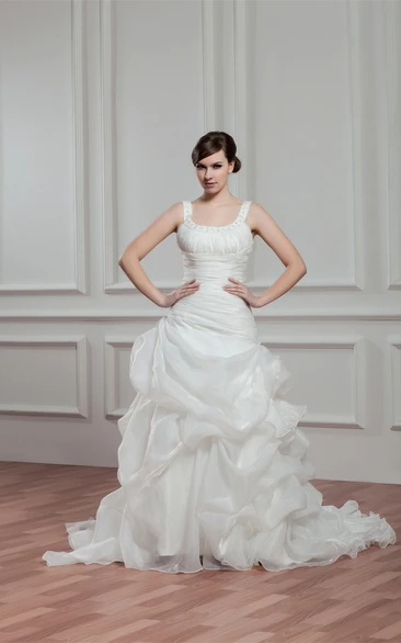 Strapped A-Line Pick-Up Ruched Bodice and Gown With Beading
