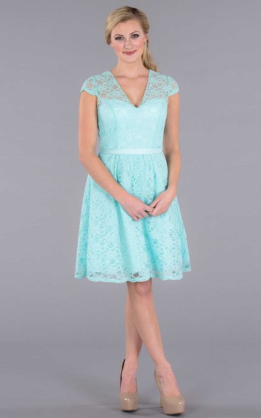 Mini Ribboned V-Neck Cap Sleeve Lace Bridesmaid Dress With Illusion Back