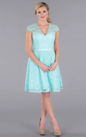 Mini Ribboned V-Neck Cap Sleeve Lace Bridesmaid Dress With Illusion Back