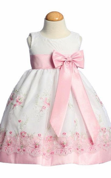 Split Tea-Length Bowed Organza&Taffeta Flower Girl Dress With Embroidery
