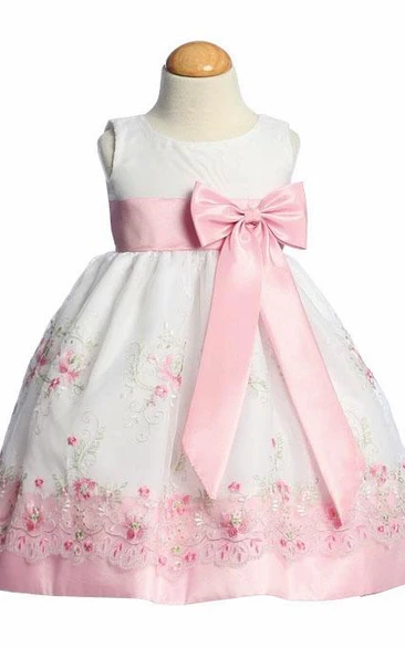 Split Tea-Length Bowed Organza&Taffeta Flower Girl Dress With Embroidery