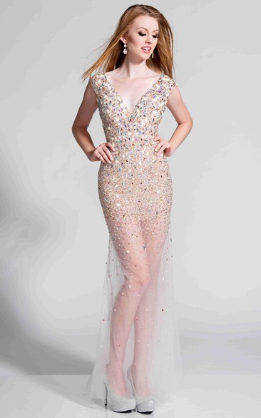 Cap Sleeve V-Neck Shimmering Tulle Prom Dress With See-Through Skirt