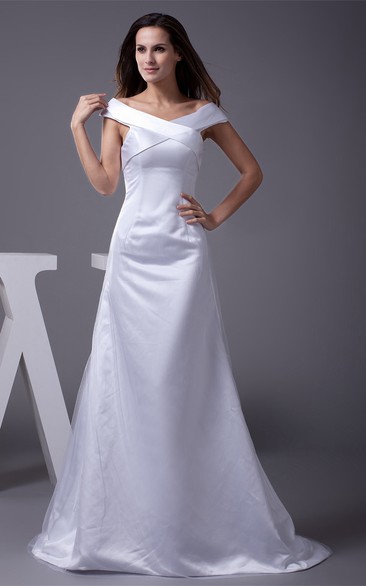 Caped-Sleeve Maxi Satin Dress With Sweep Train