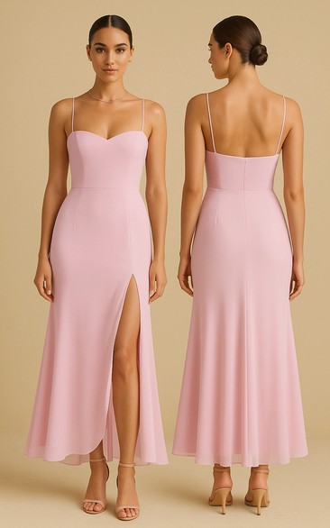 Chiffon Spaghetti Front Split Ankle-length Pink Dress