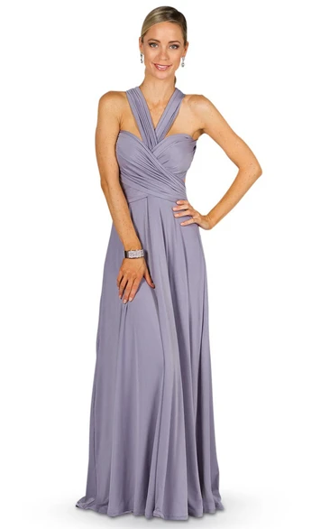 A-Line Floor-Length Ruched Sleeveless Haltered Chiffon Convertible Bridesmaid Dress