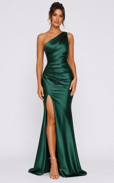 Mermaid Satin Evening Dress with One-Shoulder, Sleeveless and Ruching Split Front, Floor Length