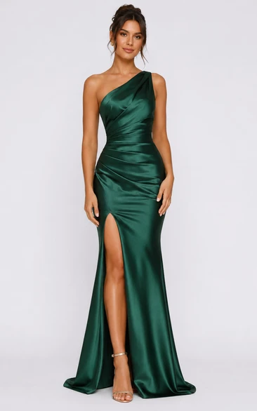 Mermaid Satin Evening Dress with One-Shoulder, Sleeveless and Ruching Split Front, Floor Length