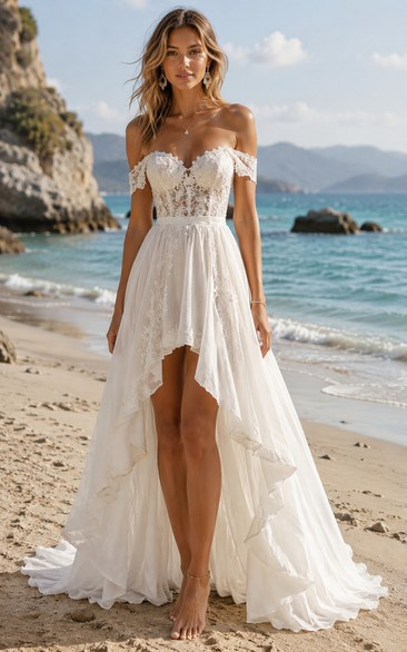 Ivory High-low Off-the-shoulder Chiffon A-line Wedding Dress with Lace
