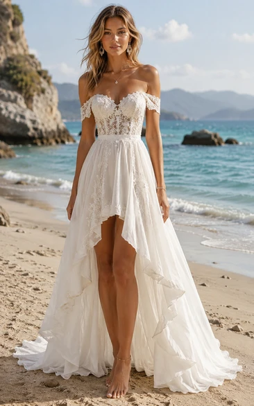 Ivory High-low Off-the-shoulder Chiffon A-line Wedding Dress with Lace