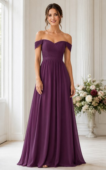 Plum Off-the-Shoulder A-Line Chiffon Bridesmaid Dress