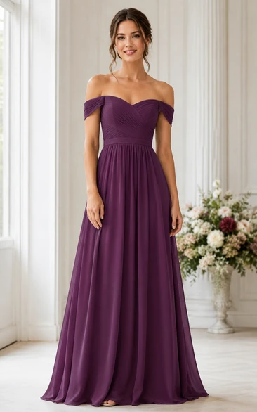 Plum Off-the-Shoulder A-Line Chiffon Bridesmaid Dress