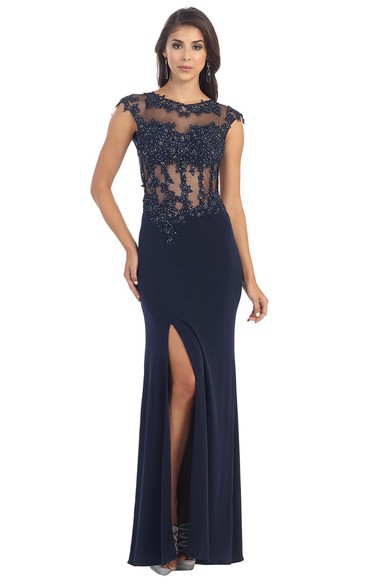 Sheath Jewel-Neck Cap-Sleeve Jersey Keyhole Dress With Split Front And Appliques