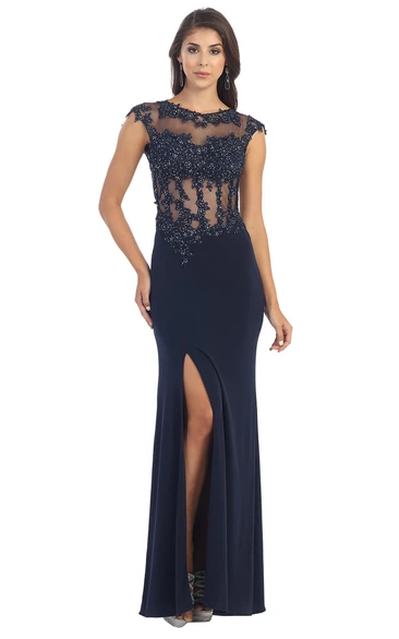 Sheath Jewel-Neck Cap-Sleeve Jersey Keyhole Dress With Split Front And Appliques