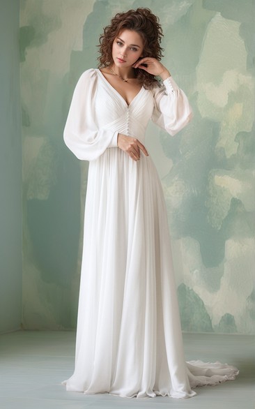 Chiffon-Hochzeitskleid mit langen Ärmeln und Puffärmeln in Übergröße im Empire-Stil