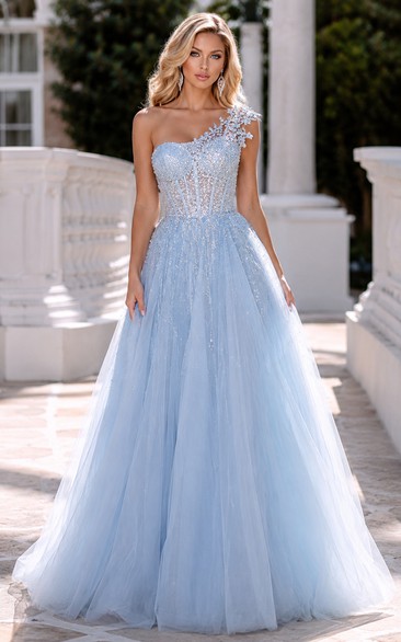 Tulle Prom Dress in Sky Blue, One-Shoulder A-Line Floor-Length Gown with Appliques