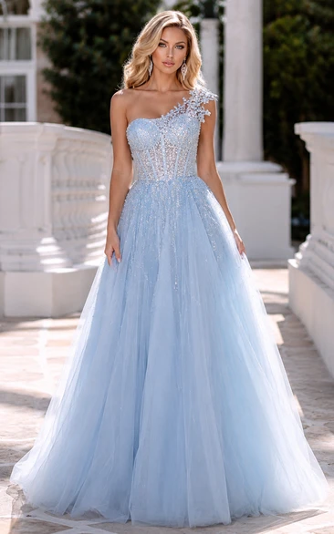 Tulle Prom Dress in Sky Blue, One-Shoulder A-Line Floor-Length Gown with Appliques