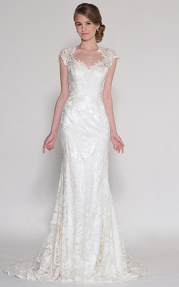 Sheath Appliqued Cap-Sleeve V-Neck Floor-Length Lace Wedding Dress