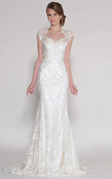 Sheath Appliqued Cap-Sleeve V-Neck Floor-Length Lace Wedding Dress