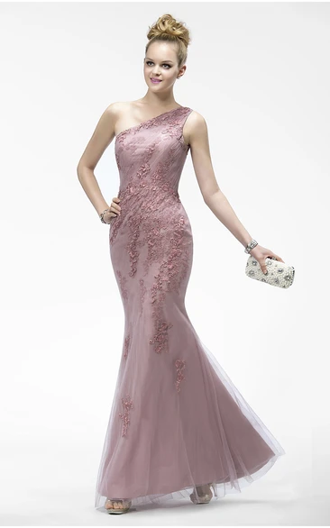 Mermaid One Shoulder Elegant Sleeveless Tulle Dress With Appliques And Zipper