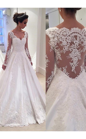 Ball Gown V-neck Long Sleeves Lace Court Train A Line Wedding Dresses ...