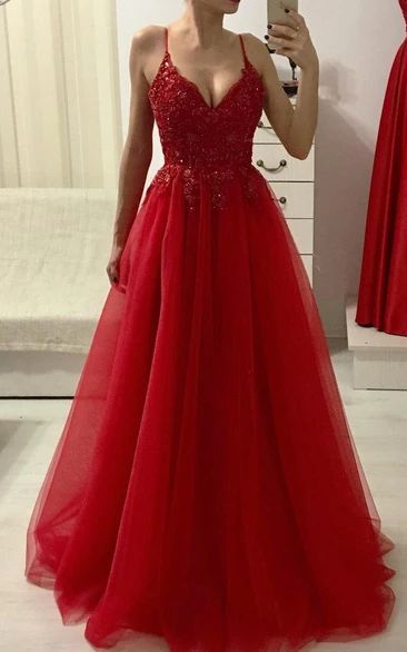Tulle Floor-length A Line Sleeveless Romantic Prom Dress with Beading and Ruffles