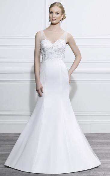 Trumpet V-Neck Sleeveless Floor-Length Appliqued Satin Wedding Dress With Brush Train And Low-V Back