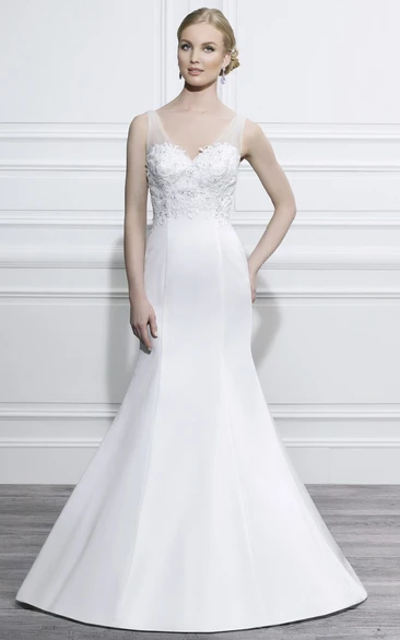 Trumpet V-Neck Sleeveless Floor-Length Appliqued Satin Wedding Dress With Brush Train And Low-V Back