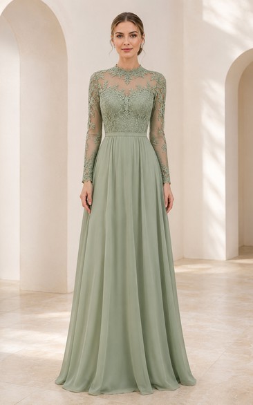 Vestido de gasa de corte A con corpiño de encaje y mangas largas color salvia para la madre de la novia