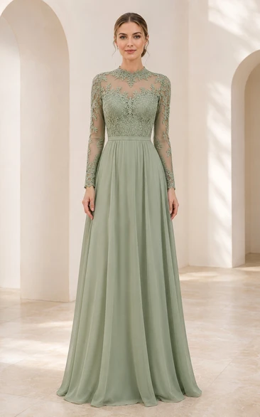 Sage Long Sleeve Lace Bodice Chiffon A-Line Mother of the Bride Dress
