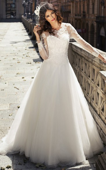 A-Line Maxi Appliqued Long-Sleeve Scoop-Neck Tulle & Lace Modest Wedding Dress
