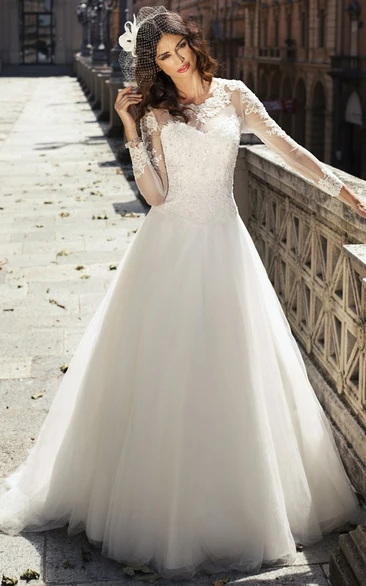 A-Line Maxi Appliqued Long-Sleeve Scoop-Neck Tulle&Lace Wedding Dress
