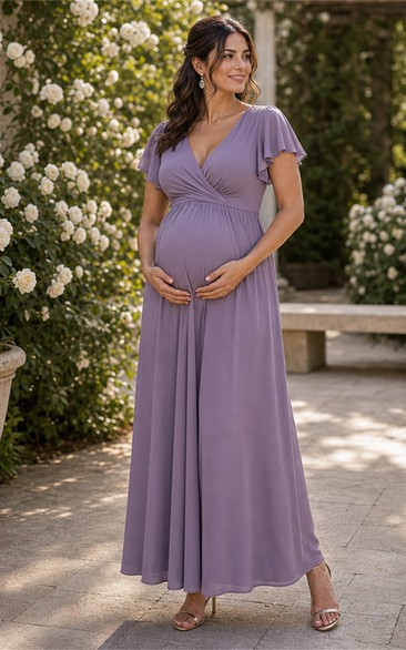 Maternity Lavender V-neck Chiffon A-Line Dress