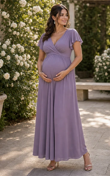 Maternity Lavender V-neck Chiffon A-Line Dress
